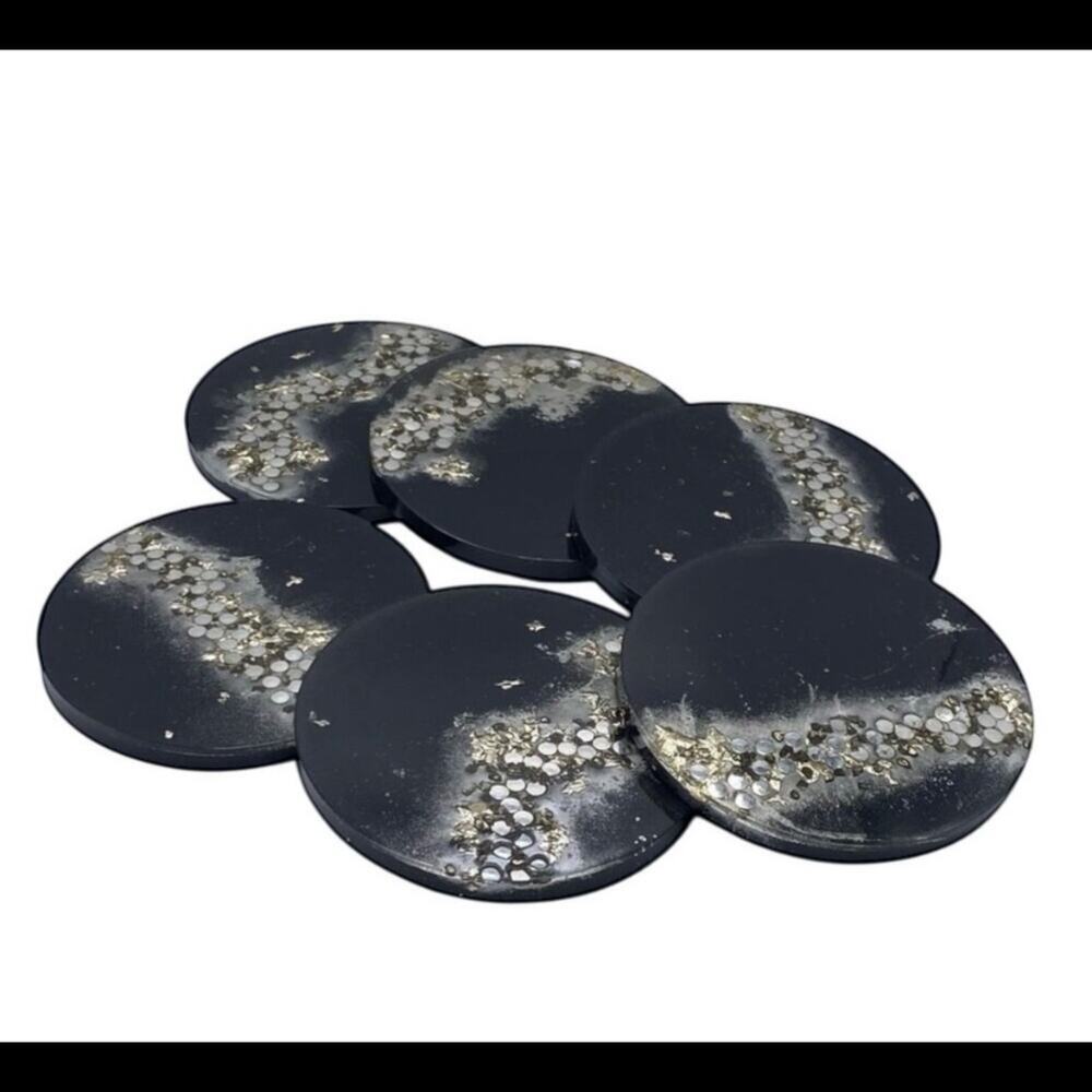 Handmade Black Resin Coasters with Silver Foil & Rhinestones | Set of 6